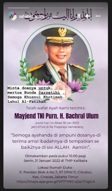 Unggahan soal ayah mertua Arzeti Bilbina [Instagram/@sahabat_arzeti]