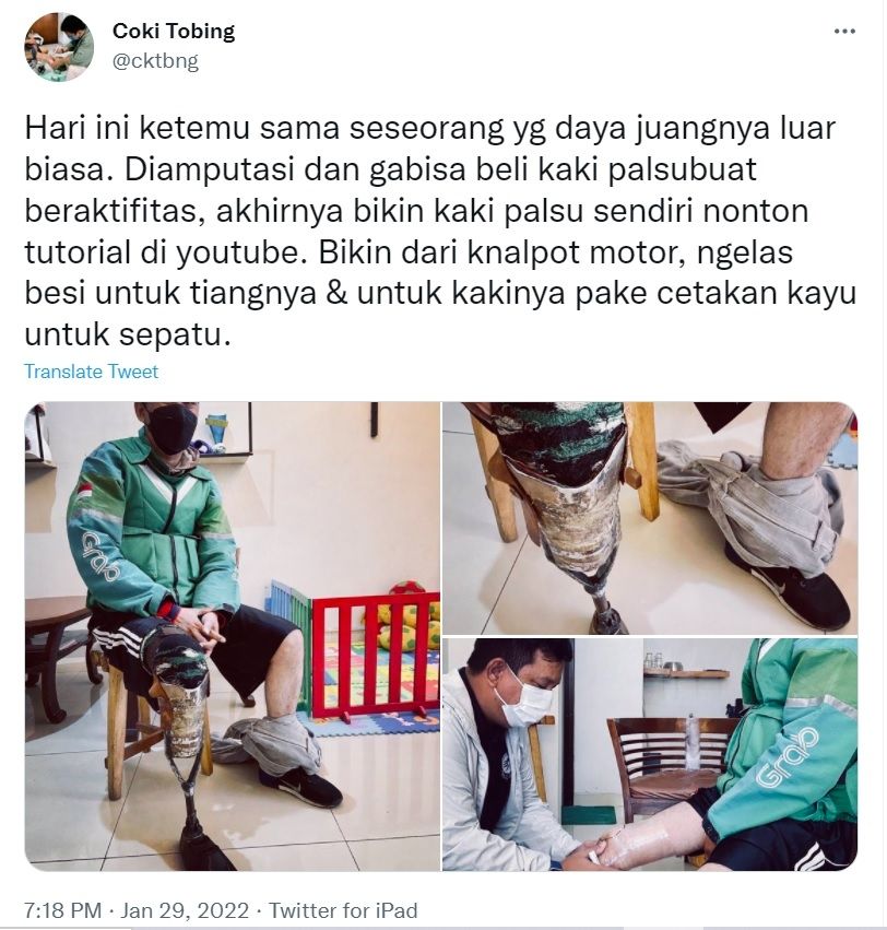 Kisah Haru Driver Ojol Membuat Kaki Palsu dari Knalpot (Twitter/@cktbng)