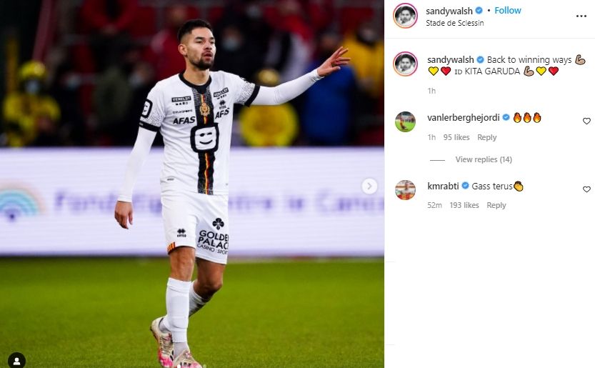 Sandy Walsh membantu KV Mechelen menang dramatis di Liga Belgia. (Instagram/sandywalsh)