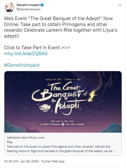 Panduan Web Event The Great Banquet of the Adepti Genshin Impact. [Twitter]