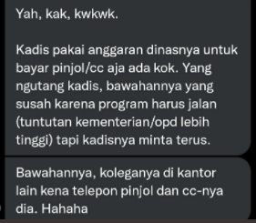 Viral Sender Cerita Ada Kadis Korupsi Buat Bayar Pinjol. (Twitter/@SeputarTetangga)