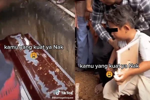 Viral Bocah Nangis sampai Jatuh Lemas di Pemakaman Ayah, (TikTok)