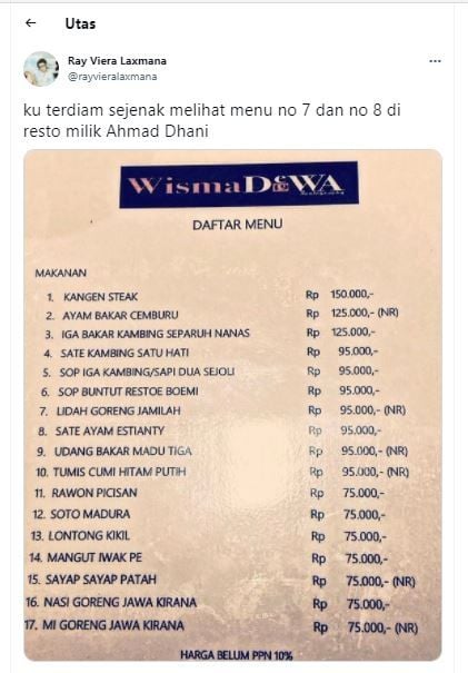 Daftar menu di Wisma Dewa 19 Restography. (Twitter @rayvieralaxmana)