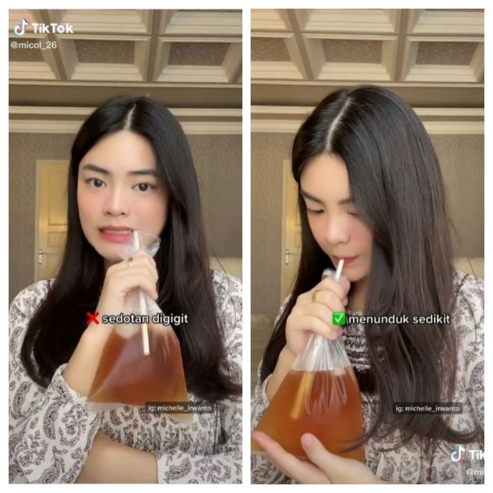 Cara minum es cekek yang anggun (TikTok @micol_26)