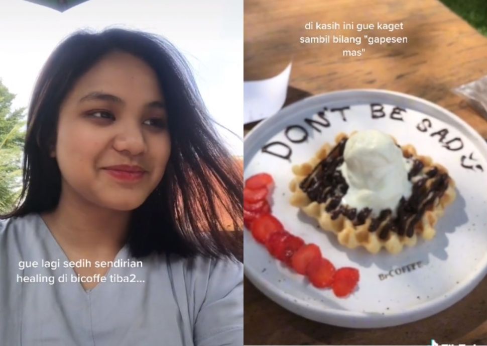 Wanita yang nagaku sedang sedih langsung tersenyum usai mendapatkan dessert gratis dari pelayan. (TikTok/icebabygurll)