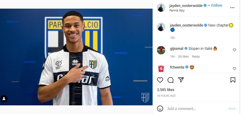 Jayden Oosterwolde dipinjamkan ke Parma dan akan menjadi rekan setim Buffon. (Instagram/jayden_oosterwolde)