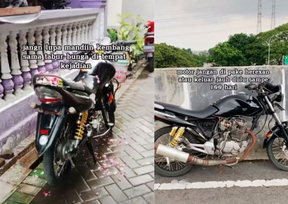 Pakai ritual mandi bunga dan 100 hari agar sepeda motor diyakini bebas dari musibah. (TikTok/angganap)