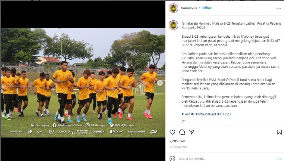 Timnas Malaysia U-23 latihan jelang Piala AFF U-23 2022. (Instagram/famalaysia)