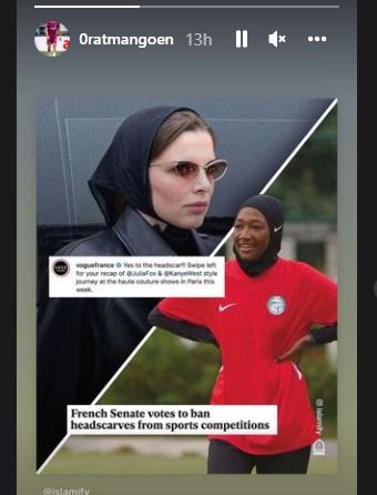 insta story Ragnar Oratmangoen terkait pelarangan jilbab bagi atlet. [Ragnar Oratmangoen / Instagram]