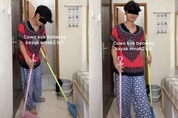 Viral Cowok Ini Dandan Ala Emak-emak sampai Besarin 'Bokong' Tiap Beberes. (TikTok)