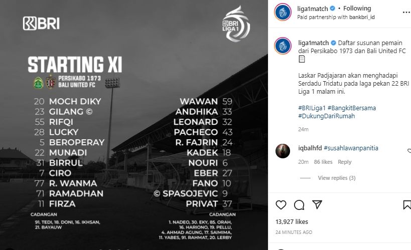 Akun liga 1 diserang netizen karena tetap melanjutkan laga Persikabo. (Instagram/liga1match)