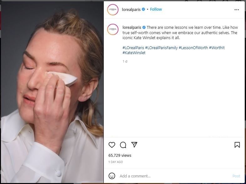 Kate Winslet tidak memakai riasan untuk kampanye L'Oreal (instagram.com/lorealparis)