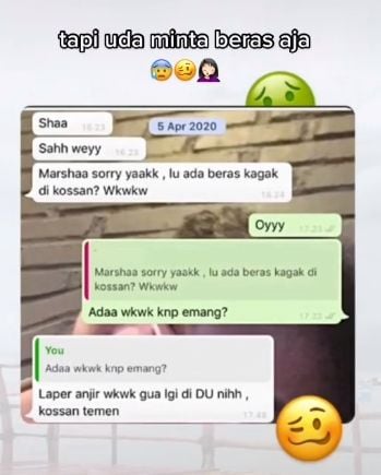 Percakapan seorang laki-laki minta beras kepada perempuan yang baru dikenalnya beberap hari. (TikTok/ashaguw_)