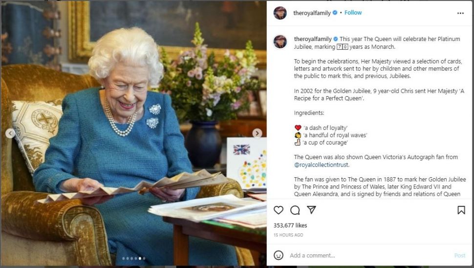 Ratu Elizabeth Rayakan 70 Tahun Bertakhta (instagram.com/theroyalfamily)