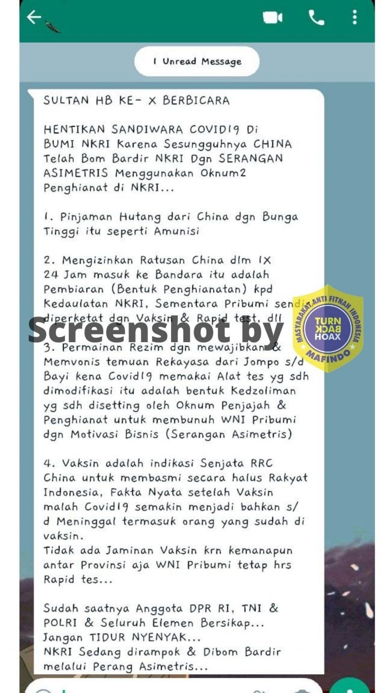 CEK FAKTA: Sri Sultan Hamengkubuwono X Menganggap Covid-19 Hanya Sandiwara, Benarkah? (Turnbackhoax.id)