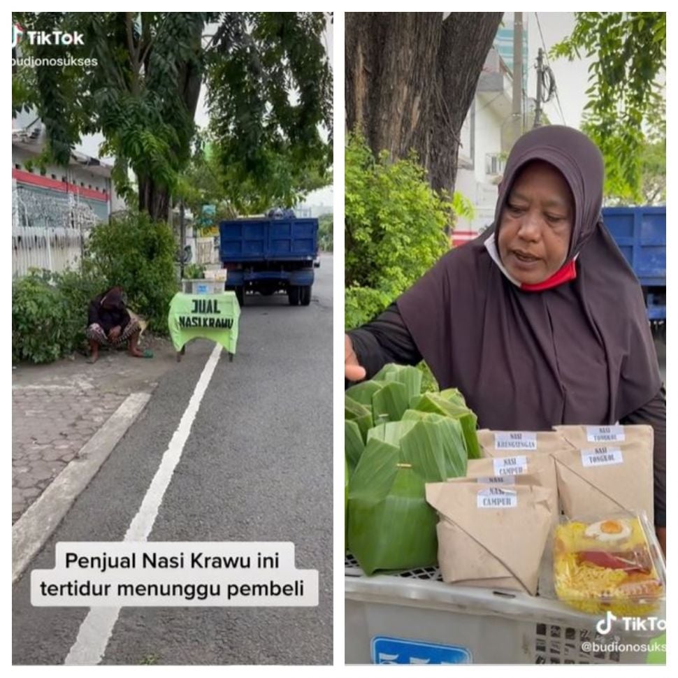 Ibu penjual nasi krawu (TikTok @budionosukses)