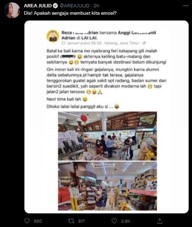 Viral Pasien Covid-19 Tak Bisa Masuk Bali Lalu Putuskan Jalan-jalan di Malang. (Twitter/@AREAJULID)