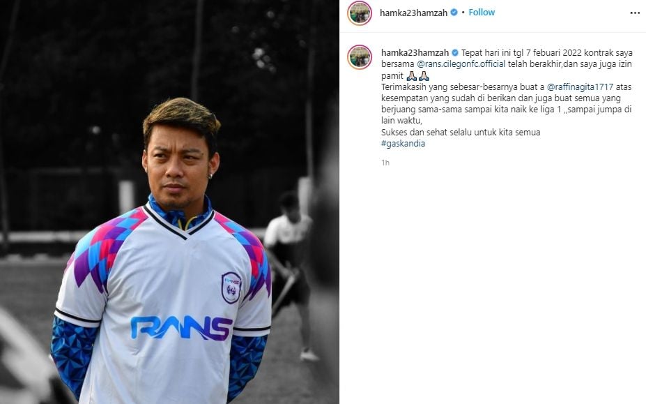 Hamka Hamza resmi tinggalkan Rans Cilegon FC. (Instagram/hamka23hamzah)