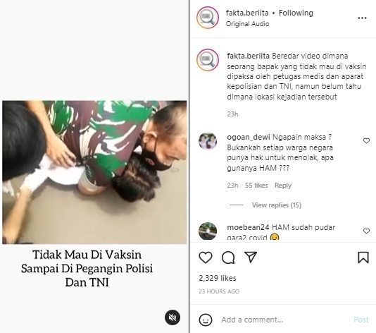 Viral Anggota TNI dan Polisi Bersinergi Piting Pria Buat Disuntik Vaksin. (Instagram/@fakta.beriita)