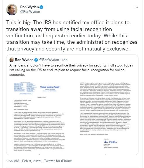 Cuitan penghentian penggunaan Face ID di IRS. [Twitter]