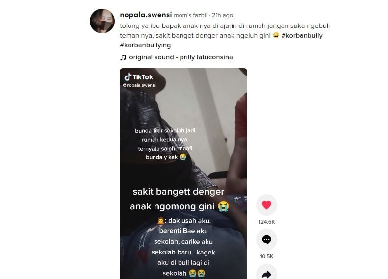 Unggahan sang kreator mengaku sakit hati mendengar pengakuan anaknya yang tak mau sekolah akibat jadi korban bully. (TikTok/nopala.swensei)