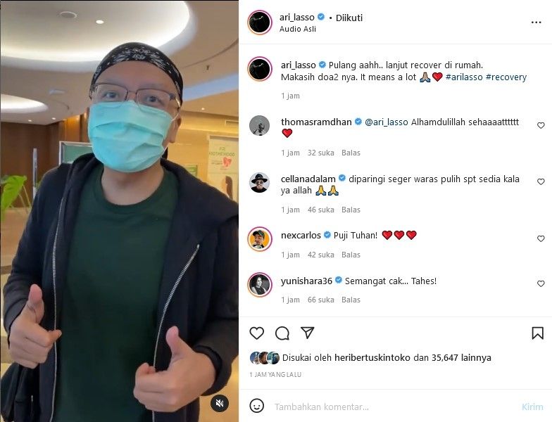 Ari Lasso pulang dari rumah sakit. [Instagram]