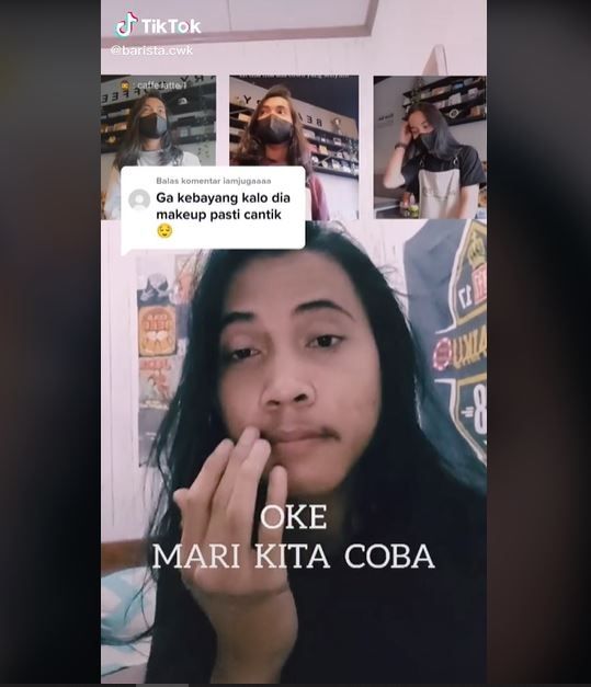 Viral Penampilan Pria Gondrong setelah Dandan Jadi Perempuan (tiktok.com/barista.cwk)