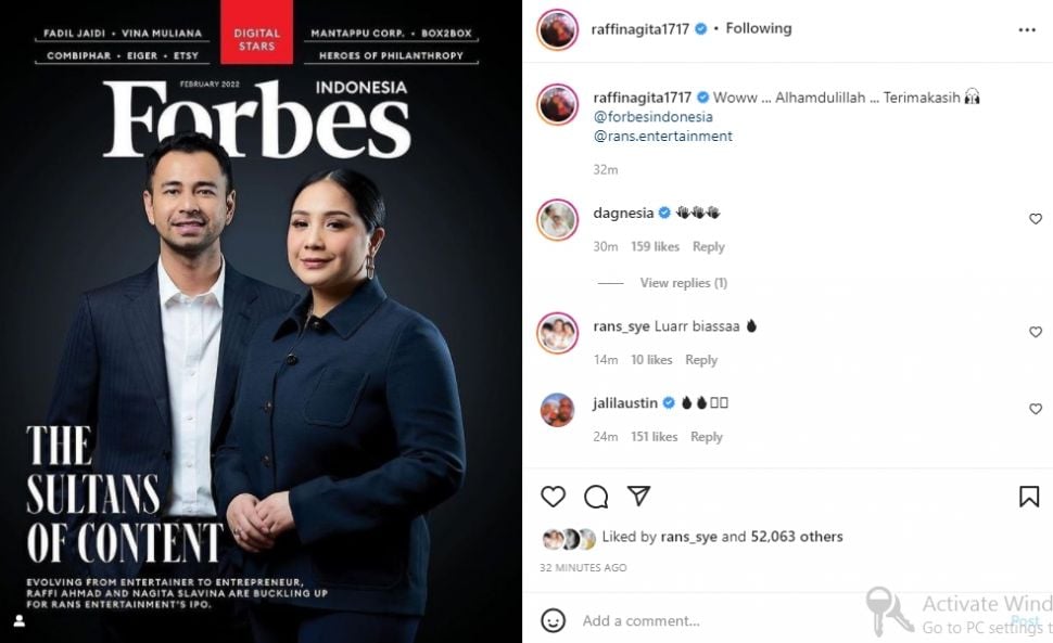 Raffi Ahmad dan Nagita Slavina jadi cover majalah Forbes Indonesia (instagram.com)