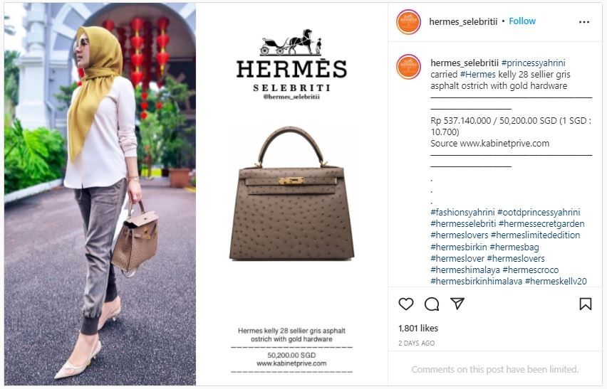 Tas Hermes Syahrini selama di Singapura (instagram.com/hermes_selebritii)