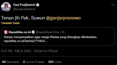 Susi Pudjiastuti Komentari Janji Ganjar Pranowo Soal Warga Wadas yang Ditangkap Polisi. (Twitter/@susipudjiastuti)