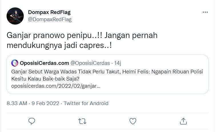 Unggahan warganet yang memberikan kritikan kepada Ganjar Pranowo. [Twitter]