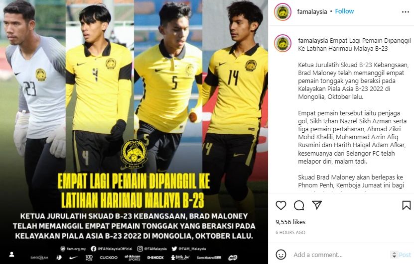 Malaysia tambah empat amunisi baru jelang Piala AFF U-23 2022. (Instagram/famalaysia)