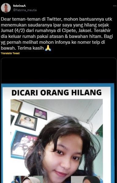 Kronologi Nadia Septiani Putri Hilang. (Twitter/@Febrina_meutia)