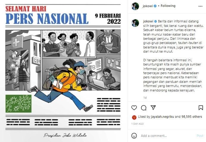 Akun Instagram Presiden Jokowi Digeruduk Warganet Saat Bahas Kebebasan Pers. (Instagram/@jokowi)