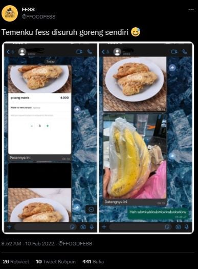 Order Pisang Goreng di Aplikasi Ojol, Viral Warganet Malah Bengong Pas Pesanan Datang. (Twitter/@FFOODFESS)