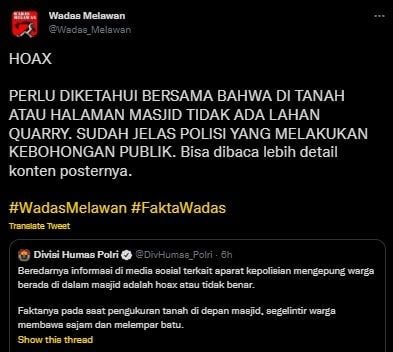 Wadas Melawan Sanggah Pernyataan Polri yang Sebut Pengepungan Aparat di Masjid Wadas Adalah Hoaks. (Twitter/@Wadas_Melawan) 