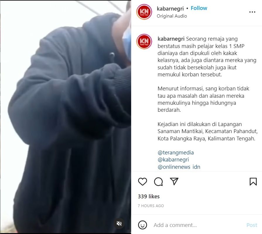 Viral Aksi Kakak Kelas Aniaya Adik Kelas hingga Hidung Berdarah, Tuai Kecaman Publik (Instagram/@kabarnegri)