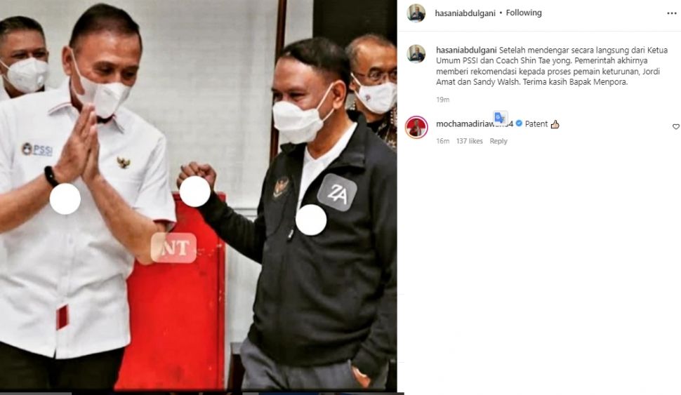 Kabar proses naturalisasi Jordi Amat dan Sandy Walsh dari Exco PSSI, Hasani Abdulgani. (Instagram/hasaniabdulgani)