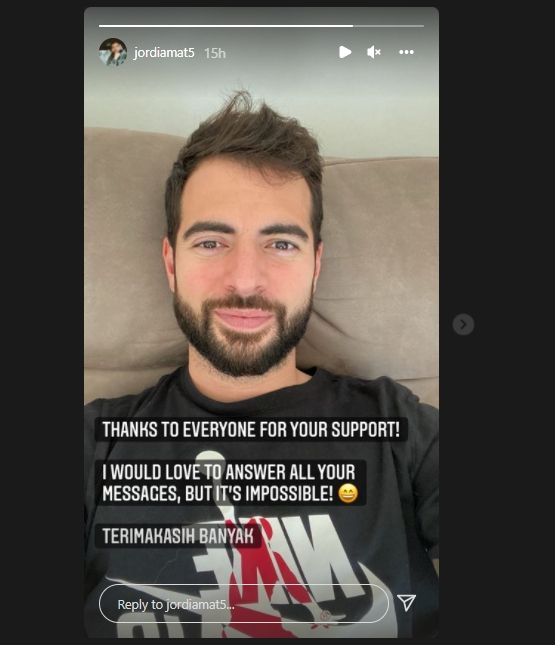 Jordi Amat mengucapkan terima kasih atas banyaknya dukungan yang diberikan. (Instagram/jordiamat5)