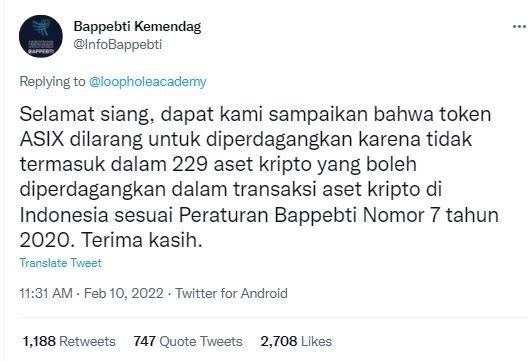 Cuitan Bappebti soal ASIX. [Twitter]