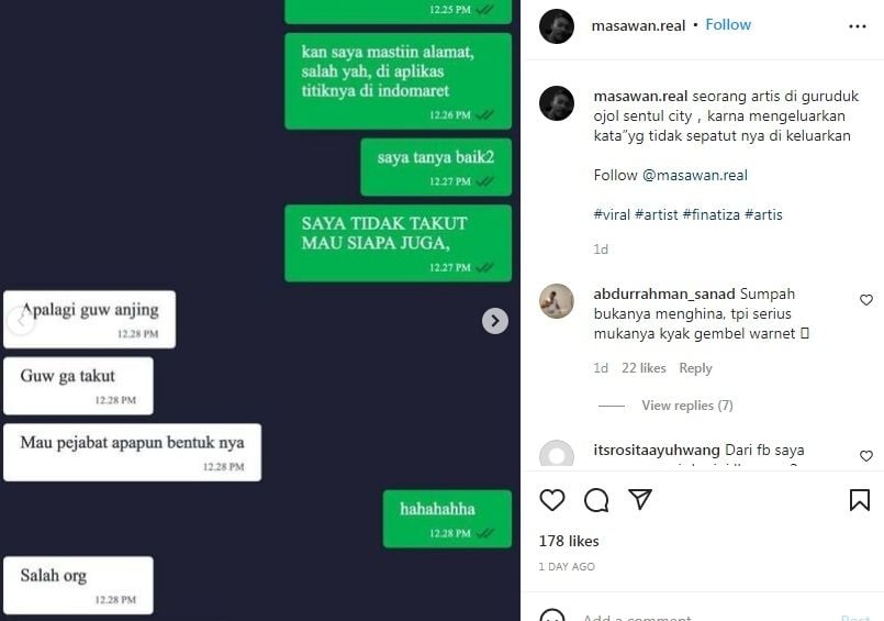 Chat antara Fina Tiza dan driver ojol.