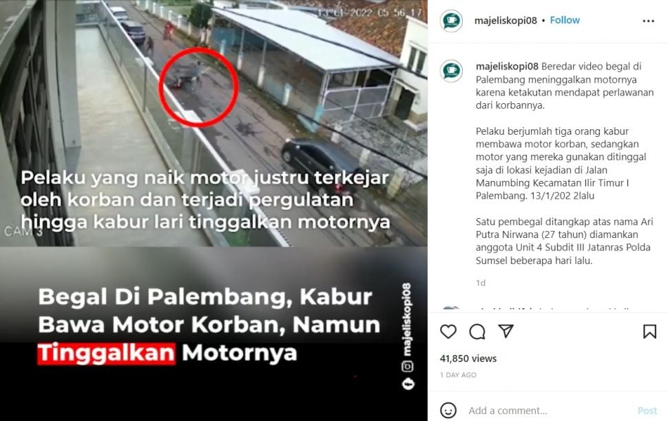 Rampas dan Kabur Bawa Motor Korban, Pelaku Begal Ini Malah Tinggalkan Motornya Sendiri (Instagram/@majeliskopi08)