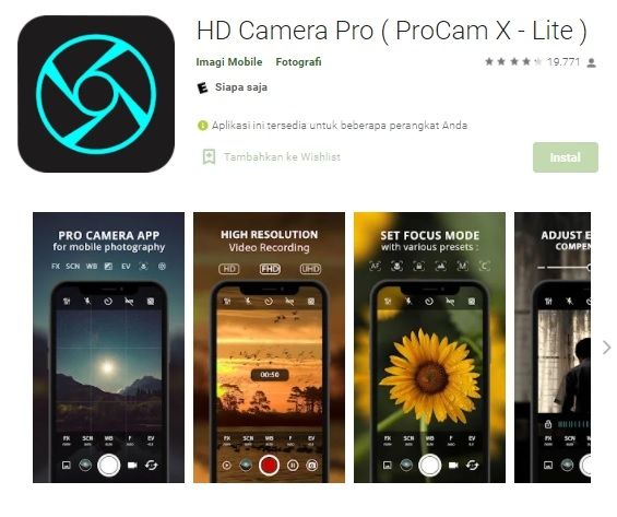 Aplikasi kamera Android, ProCam X - Lite (HD Camera Pro). [Google Play Store]