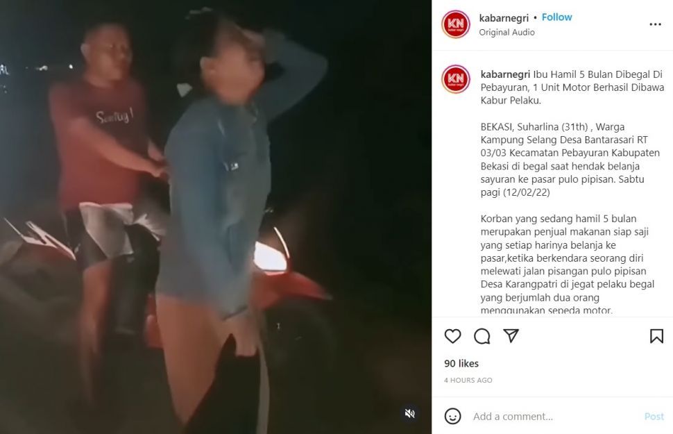 Viral Ibu-ibu Hamil 5 Bulan Menangis Histeris Dibegal (Instagram/@kabarnegri)