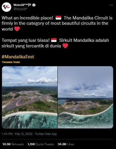 Pihak MotoGP Puji Setinggi Langit Sirkuit Mandalika. (Twitter/@MotoGP)