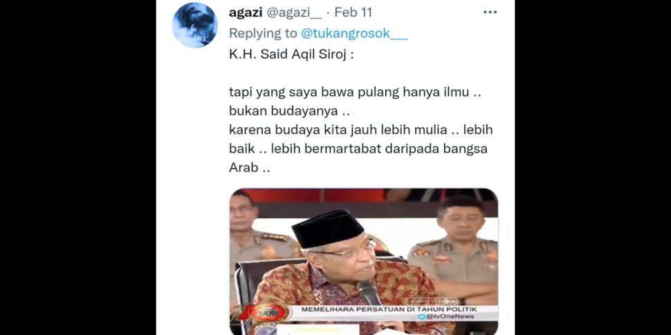 Cuitan pernyataan Said Aqil Siradj soal budaya Indonesia dan Arab. [Twitter]