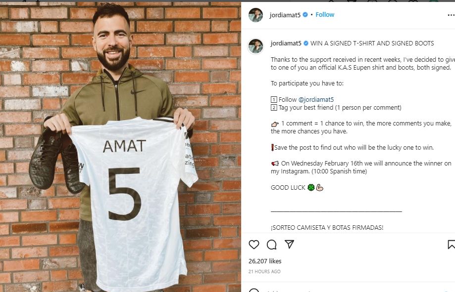 Jordi Amat bagi-bagi hadiah atau giveaway di Instagram. (Instagram/jordiamat5)
