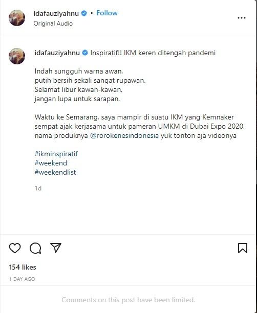 Menteri Ida tutup kolom komentar (instagram.com/idafauziyahnu)