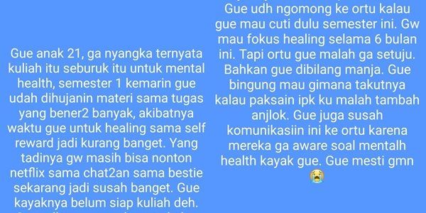 Viral Mahasiswa Curhat Kuliah Satu Semester Bikin Mental Health Terpuruk. (Twitter/@collegemenfess)