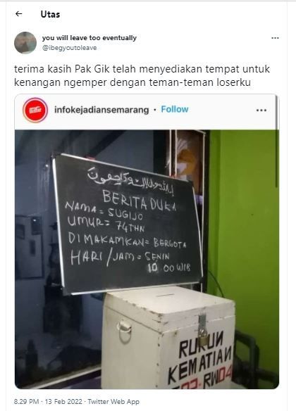 Sugijo, pemilik Angkringan Pak Gik meninggal dunia (Twitter @ibegyoutoleave)